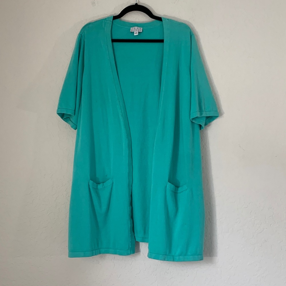 Joan Rivers Cardigan Women 3X Green Short Sleeve‎ Open Front Long Coastal Summer